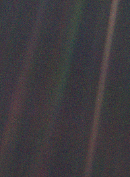 Pale Blue Dot, a photo of Earth from 6 billion km away, taken by&nbsp;Voyager 1&nbsp;in 1990 and titled by Carl Sagan