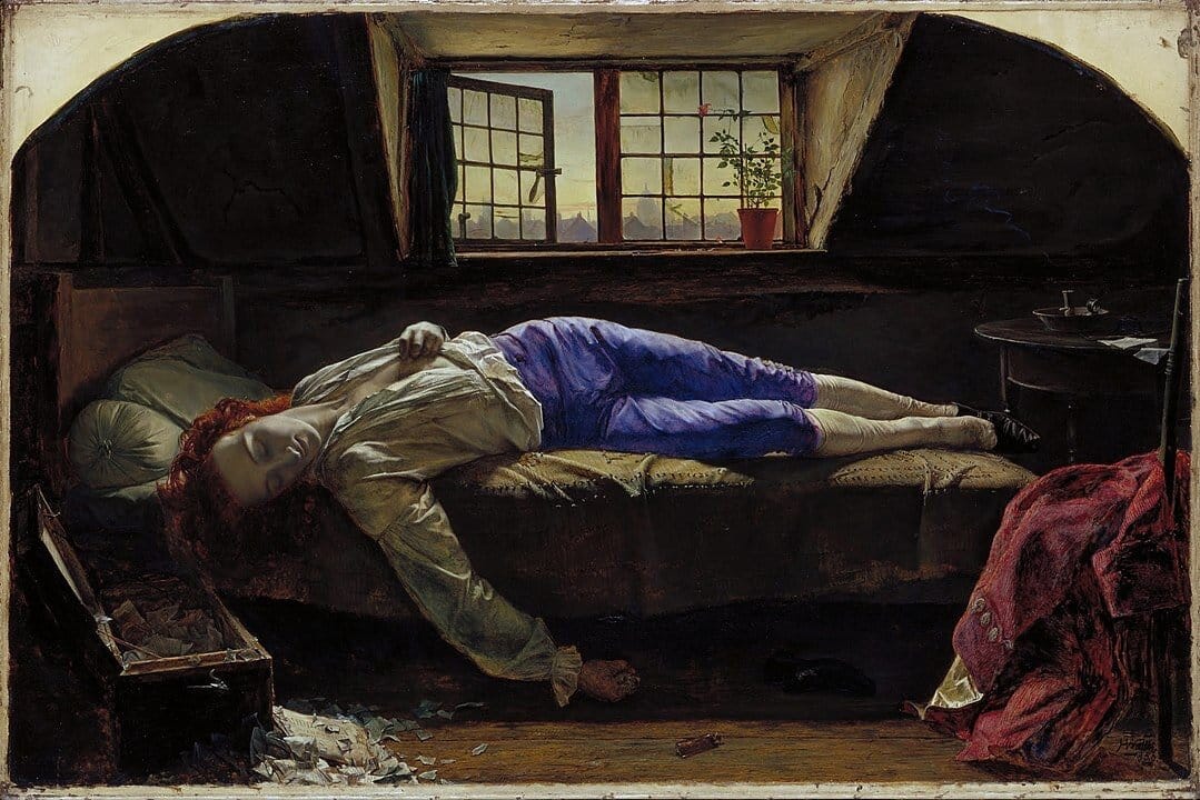 Chatterton’s even got the classic romance-novel cover “shirt tucked in, but open” look. This version is in the Tate, by the way. Wallis made two different versions of this painting because everybody loved it so much.
