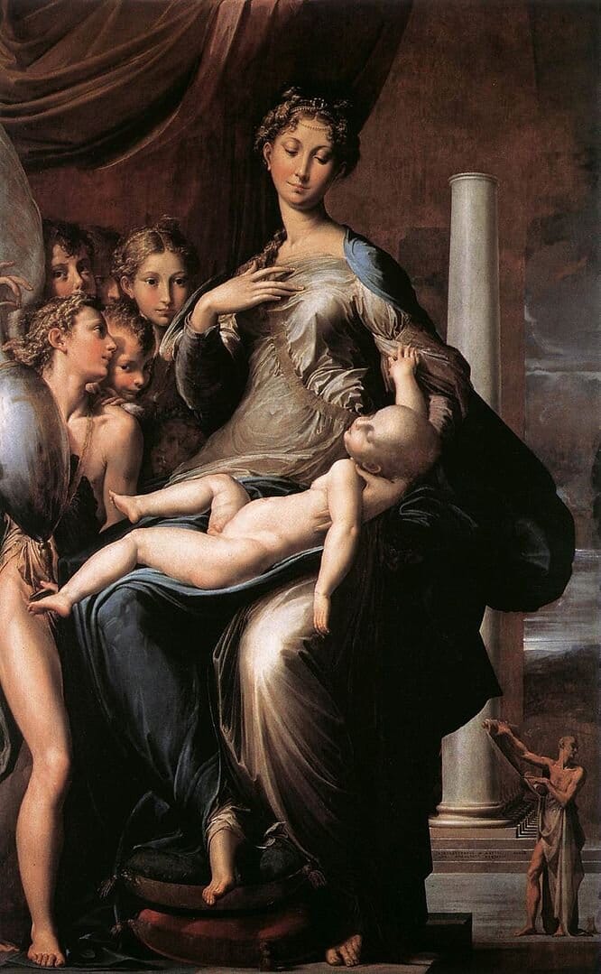 Madonna with the Long Neck, Parmigianino, 1535-40. The painting depicts the Virgin Mary seated with the baby Jesus in her lap and a group of angels crowded around them to the left.