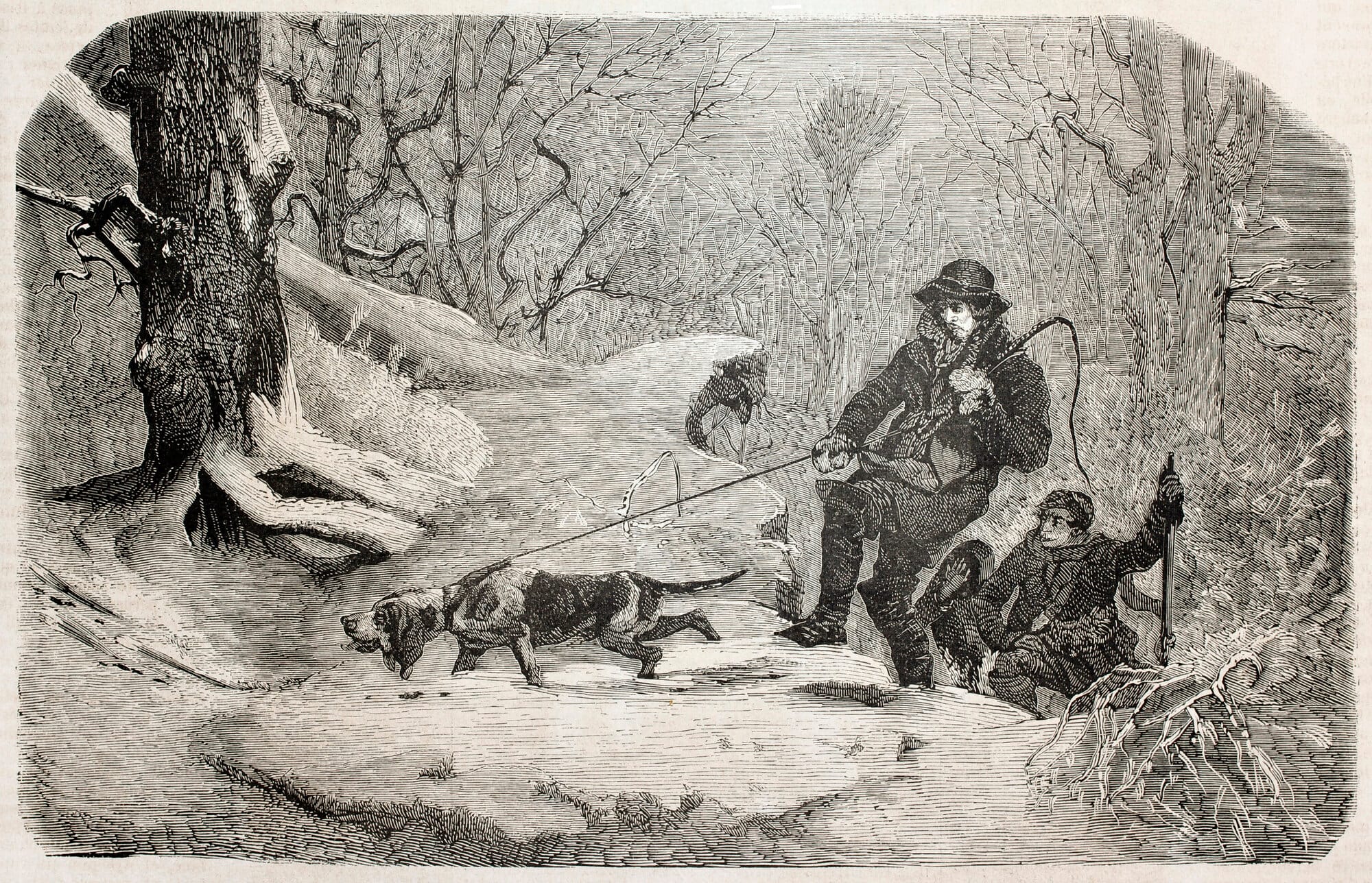 A black-and-white illustration of a bloodhound tracking a scent in a snowy forest, leading hunters to their prey. Sourced from DepositPhotos.