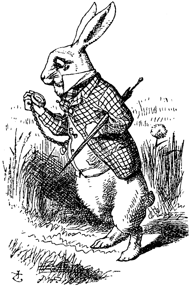 An illustration of the white rabbit from Alice’s Adventures in Wonderland.