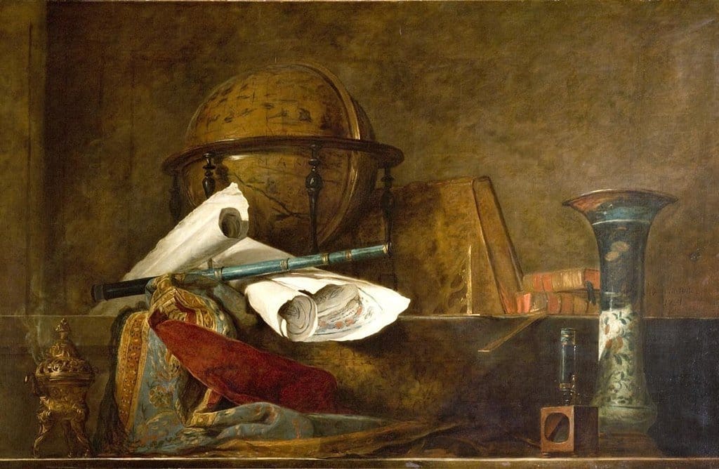 A still life painting depicting a globe, a map, a telescope, a microscope, and some books