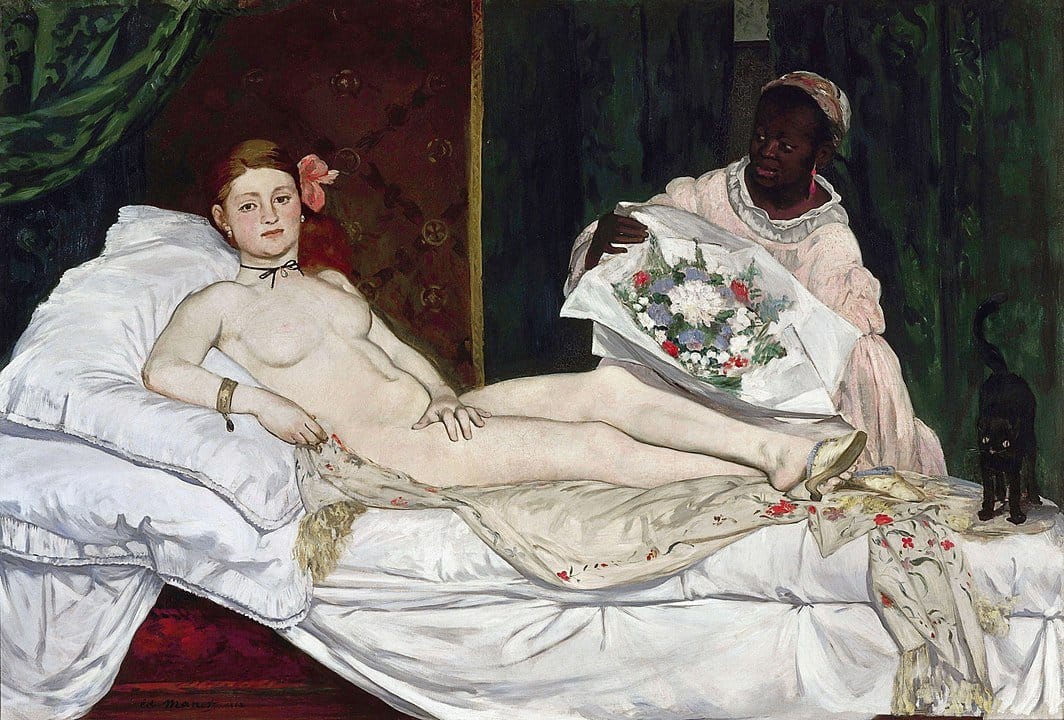 An image of Manet's painting Olympia, depicting a white woman reclining nude in bed while a black woman delivers a bouquet of flowers to her