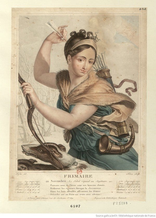 An illustration of a white woman with her brown haired pinned up, drawing an arrow from the quiver on her back. She is holding a bow in her other hand, dressed in robes and furs, and accompanied by a hunting dog. In the background is a wintry forest.