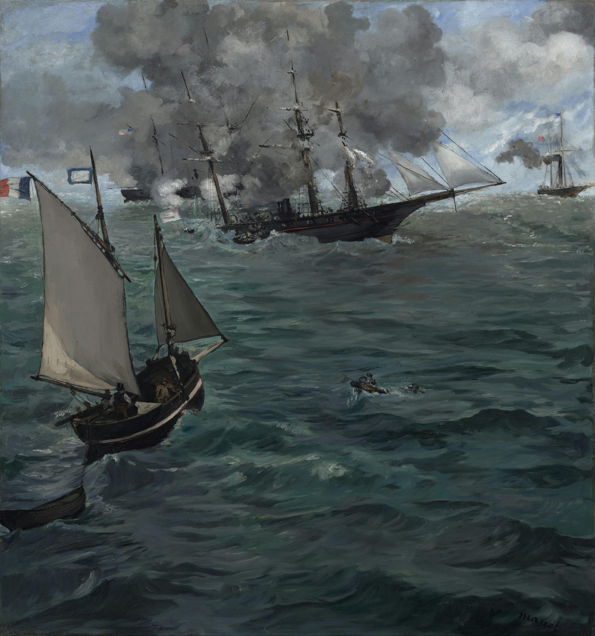 An oil painting of a naval battle with a sinking ship, billowing grey smoke, at the center.