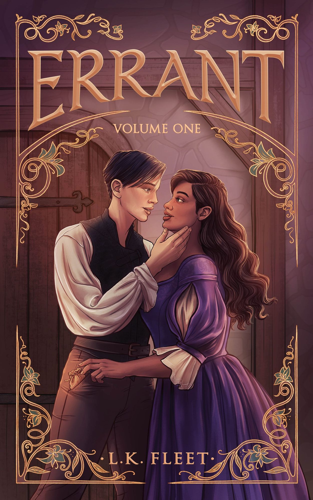Errant, Volume One cover. An illustration of two women embracing. One is picking the other's pocket.