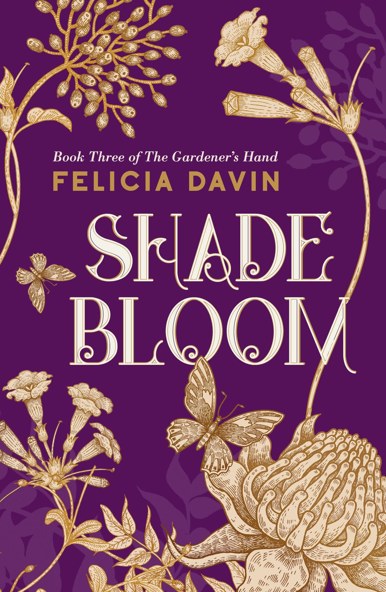 The cover of Shadebloom by Felicia Davin. Illustrations of gold flowers on a purple background.