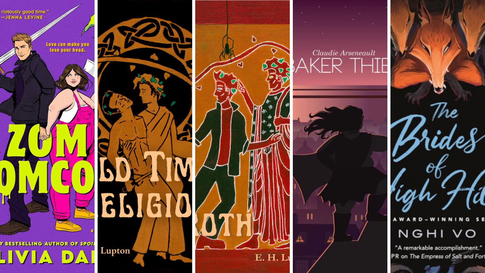 Partial view of vertical slivers of five book covers: Zomromcom, Old Time Religion, Troth, Baker Thief, and The Brides of High Hill