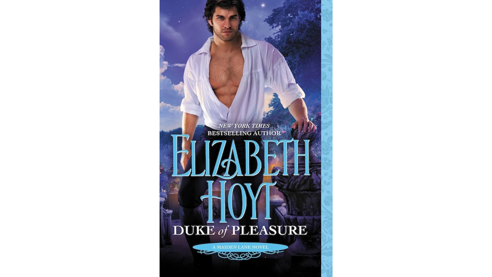 the cover of Duke of Pleasure by Elizabeth Hoyt, with a man in historical dress with his shirt hanging open