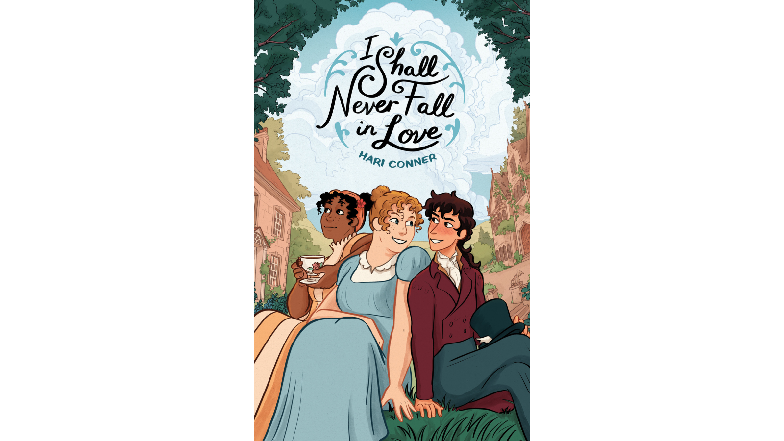 the cover of I Shall Never Fall in Love by Hari Conner, featuring an illustration of three young people sitting together: a Black woman, a white woman, and a nonbinary person
