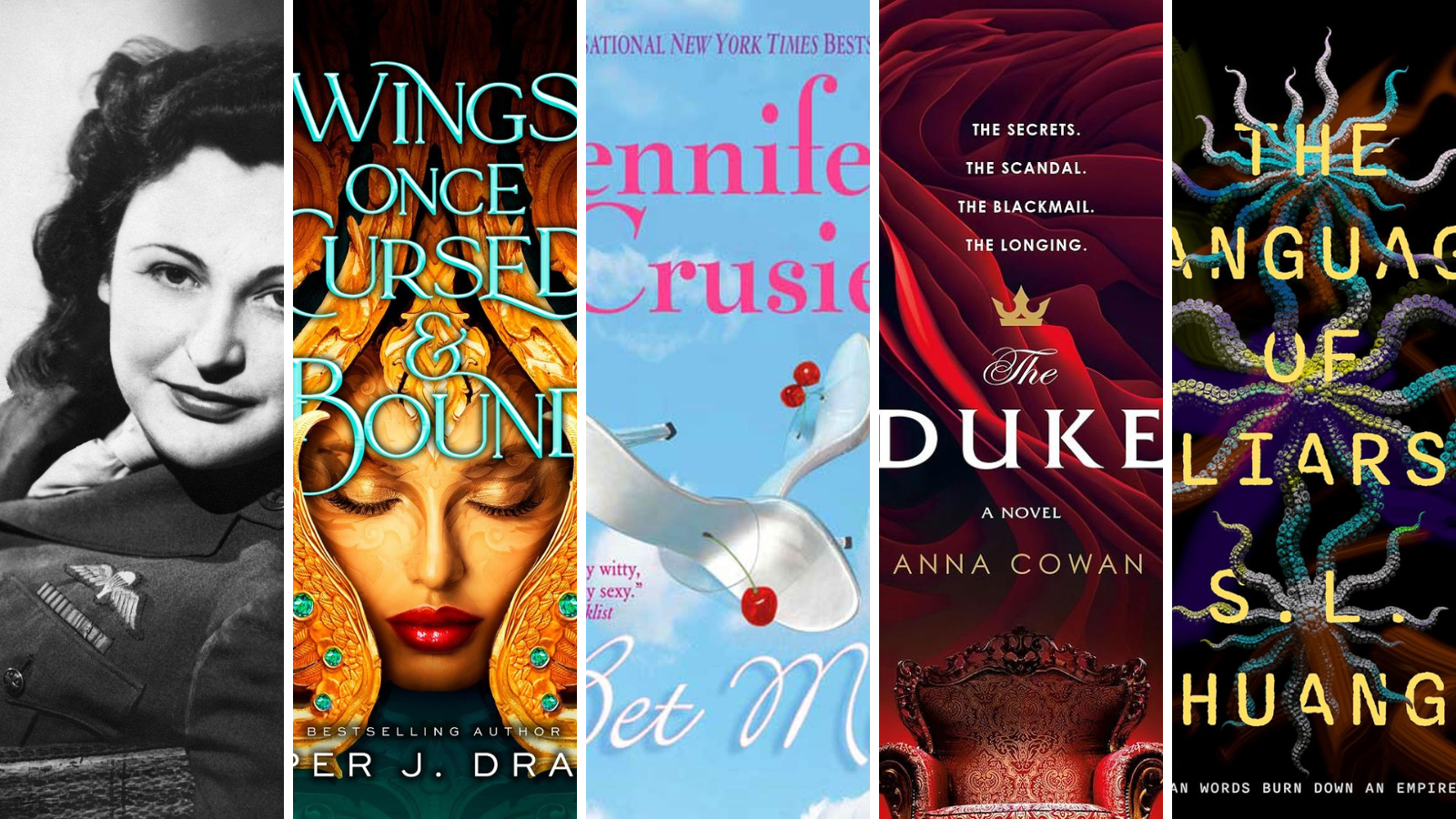a photo of Nancy Wake and four book covers: Wings Once Cursed and Bound, Bet Me, The Duke, The Language of Liars