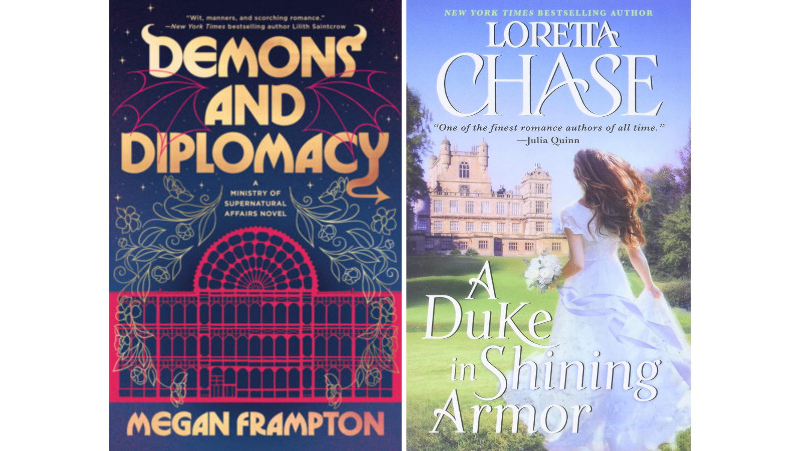 two book covers: Demons and Diplomacy by Megan Frampton and A Duke in Shining Armor by Loretta Chase