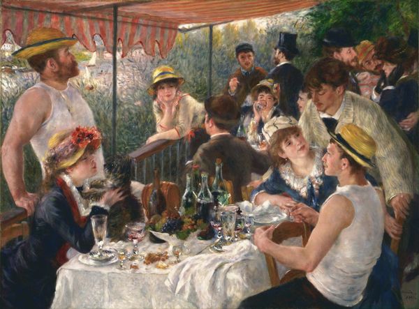 an Impressionist oil painting depicting a happy crowd of people eating and drinking and flirting