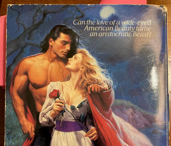 A used paperback romance novel depicting a shirtless, caped man embracing a blonde woman in a white dress. She's holding a rose.