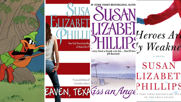 Daffy Duck as Robin Hood and the covers for three novels by Susan Elizabeth Phillips