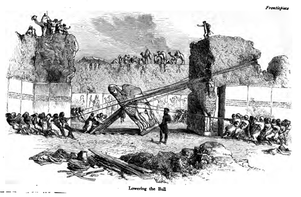 A black and white illustration of an archeological excavation at Nineveh in the 1850s. Many workers are lowering a bull sculpture on ropes.