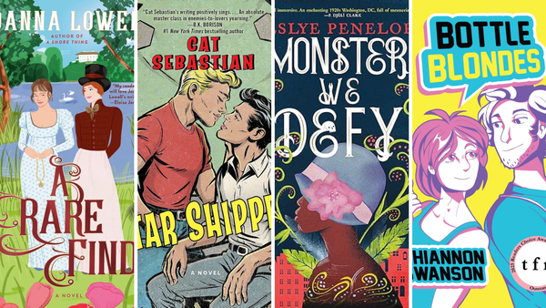 slivers of four book covers: A Rare Find by Joanna Lowell, Star Shipped by Cat Sebastian, The Monsters We Defy by Leslye Penelope, and Bottle Blondes by Rhiannon Swanson