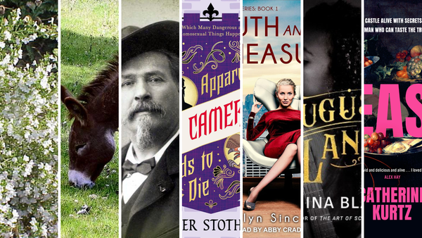 seven slices of different images: savory in bloom, a donkey, a black and white photo of Frédéric Mistral, and four book covers