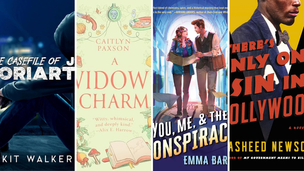 Vertical slices of four book covers: The Casefile of Jay Moriarty by Kit Walker; A Widow's Charm by Caitlyn Paxson; You, Me, & the Conspiracy by Emma Barry; There's Only One Sin in Hollywood