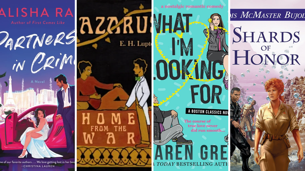 four book covers: Partners in Crime, Lazarus, Home from the War, What I'm Looking For, and Shards of Honor