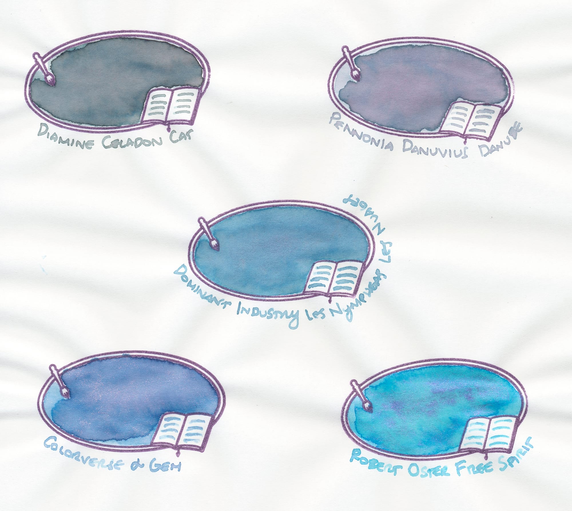 Fountain pen ink swatches of varying shades of light blue, some with shimmer, and one ink swatch of a cool green shade (Celadon Cat)