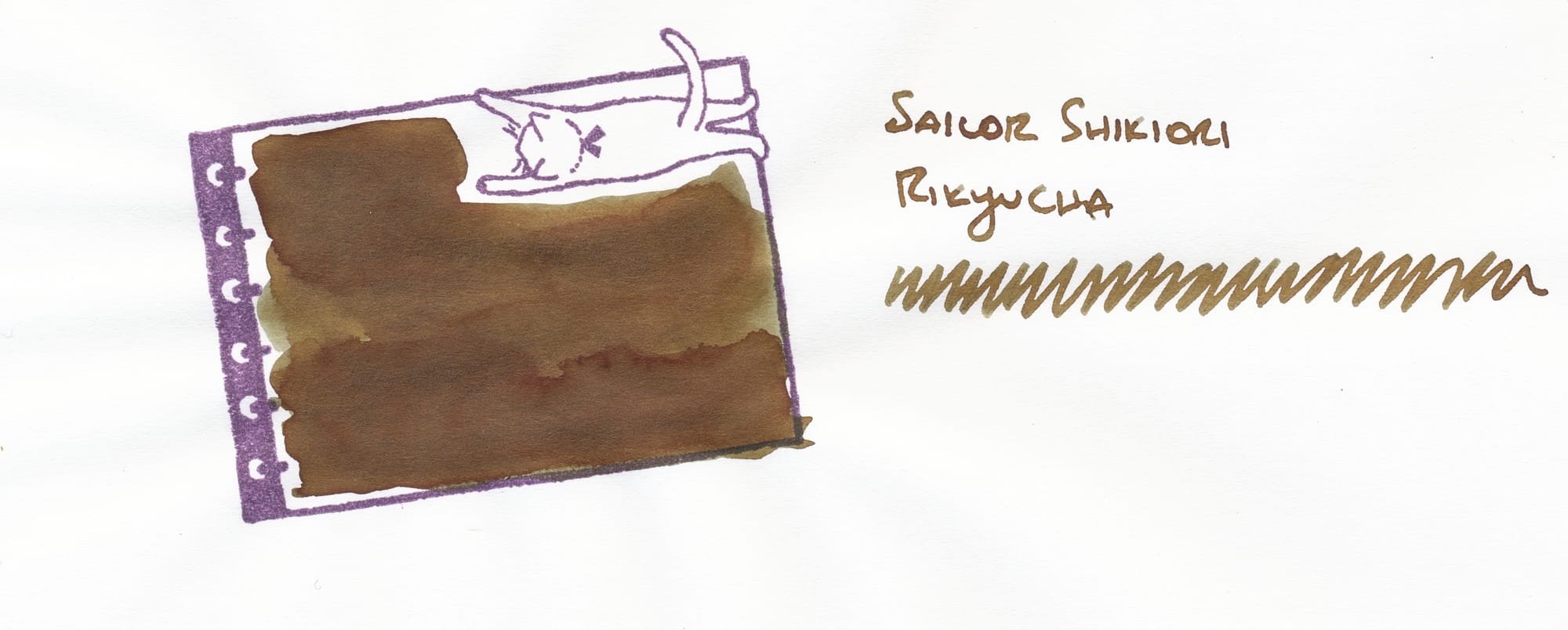 Fountain pen ink swatched within a stamped image of a ringed notebook page with a cat hanging on to the top right of the page. The ink looks like a medium-dark, warm brown with greenish undertones.