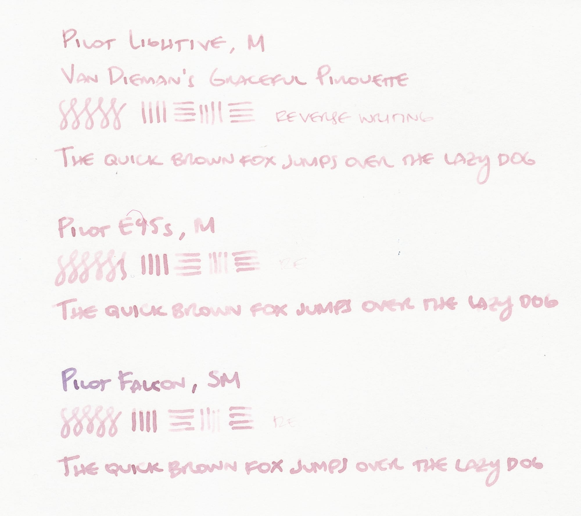 Writing samples from 3 different fountain pens on white paper, the first line in each group listing the pen name and nib width, then some squiggles and "The quick brown fox jumps over the lazy dog" from each pen