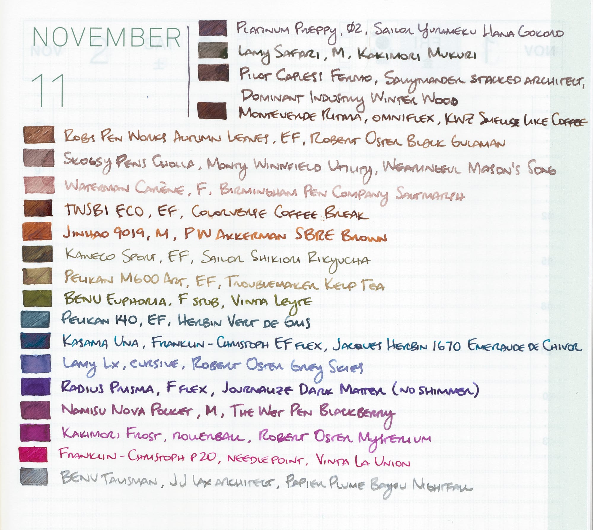 Scan of a Hobonichi planner cover page for November, used for a list of currently inked pens. A small hand-drawn rectangular "ink swatch" preceeds the name of the pen, nib details, and ink details. List items start with brown inks, then a few green-browns, some bluish colors, purples, berries, and finally a lone gray pen-ink combo.