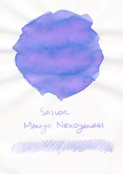 An ink swatch of a blue, purple, and pink shading ink labeled "Sailor Manyo Nekoyanagi"
