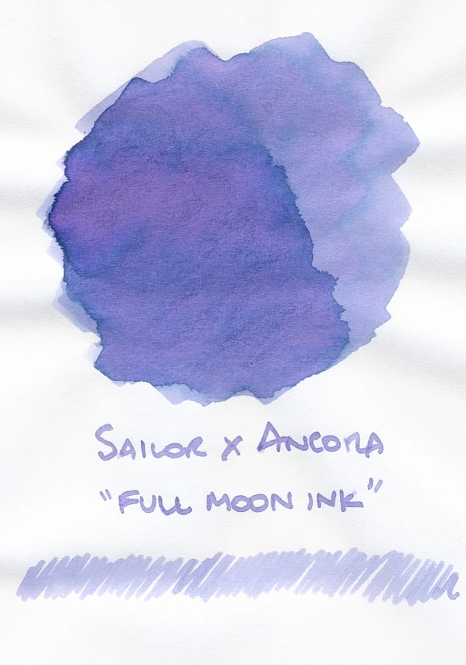 Fountain pen ink swatch of a translucent purple ink with blue and pink chromoshading, labeled "Sailor x Ancora 'full moon ink'"