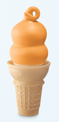 Soft-serve ice cream cone with the famous Dairy Queen swirl loop at the top, with a hard butterscotch-flavored shell