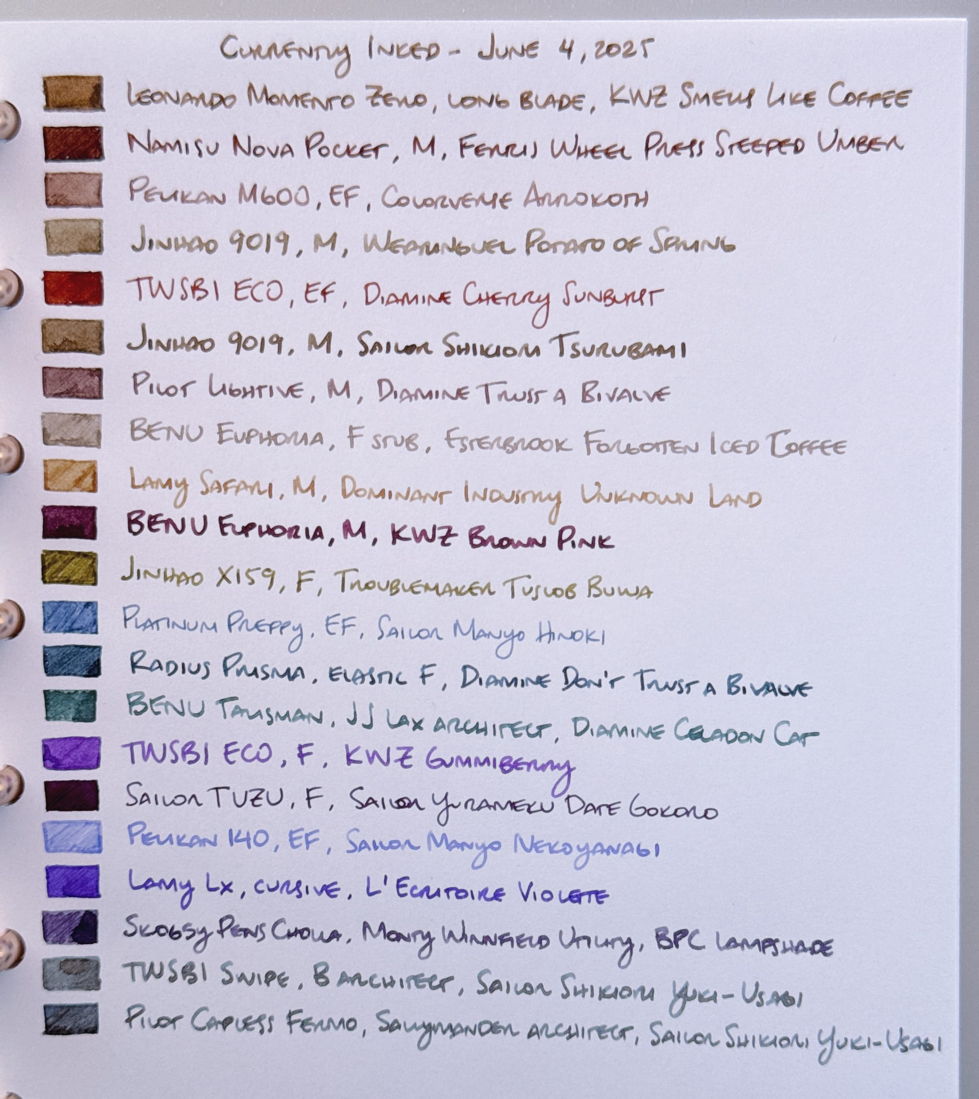 Fountain pen ink swatch rectangles followed by the text written below
