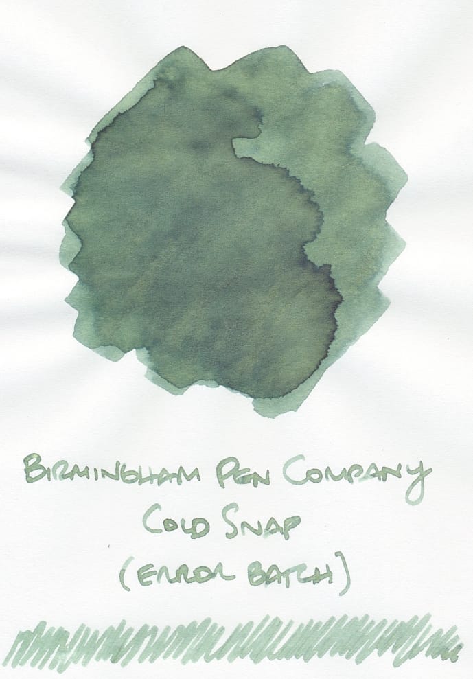 Fountain pen ink swatch of a dusky, grass green ink labeled "Birmingham Pen Company Cold Snap (error batch)"