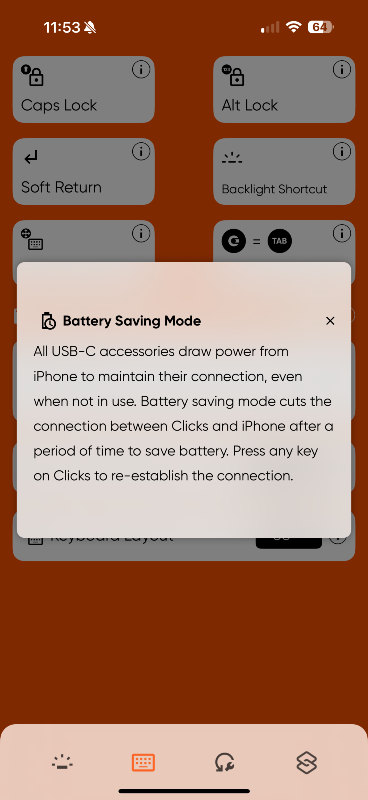 Screenshot from the Clicks app showing an info screen about Battery Saving Mode: "All USB-C accessories draw power from iPhone to maintain their connection, even when not in use. Battery saving mode cuts the connection between Clicks and iPhone after a period of time to save battery. Press any key on Clicks to re-establish the connection."