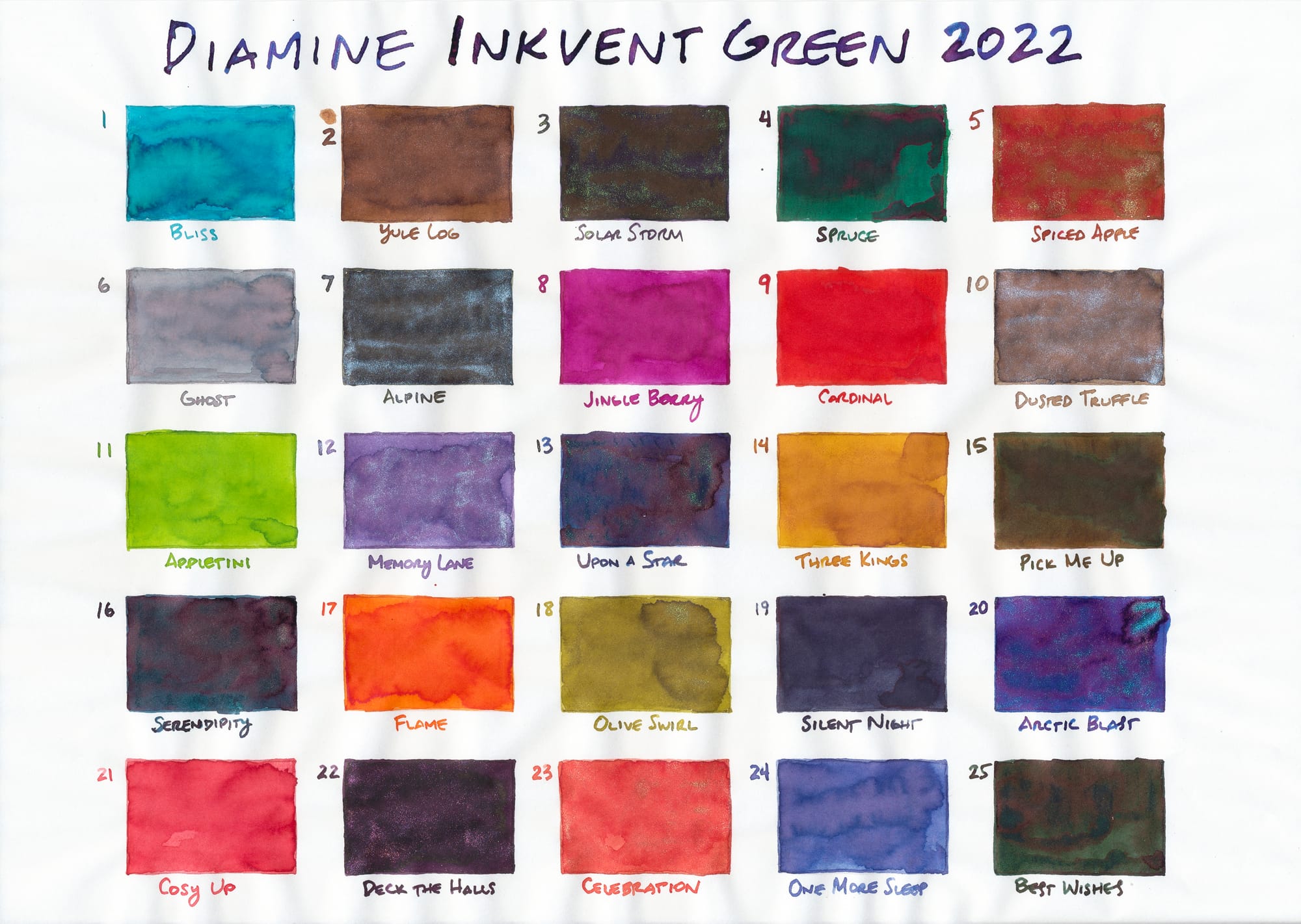 5x5 grid of ink swatches, labeled 1-25, titled "Diamine Inkvent Green 2022"