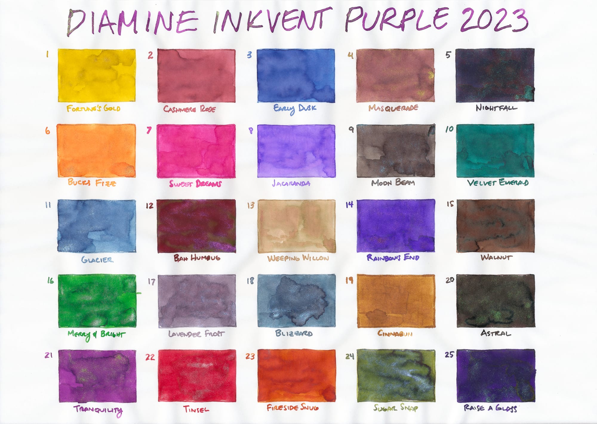 5x5 grid of ink swatches, labeled 1-25, titled "Diamine Inkvent Purple 2023"
