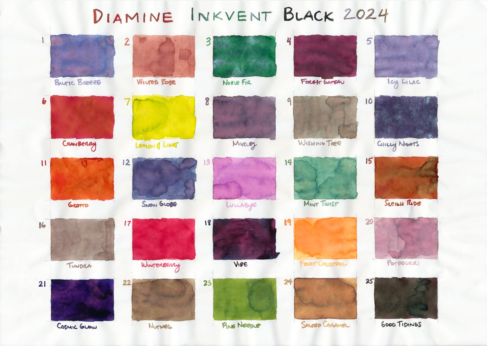5x5 grid of ink swatches, labeled 1-25, titled "Diamine Inkvent Black 2024"