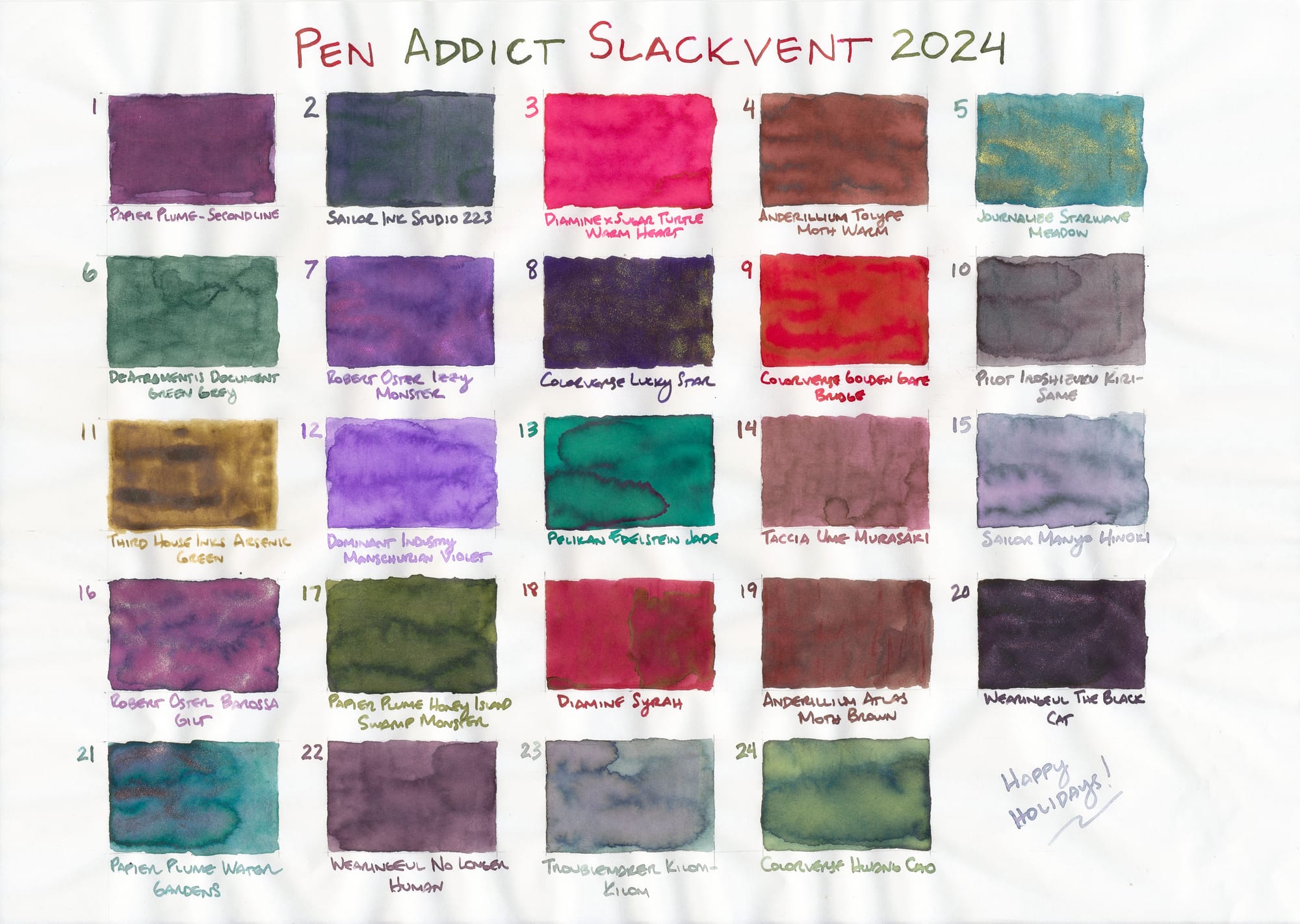 5x5 grid of ink swatches, labeled 1-24, titled "Pen Addict Slackvent 2024", the 5th grid item in last row containing "Happy Holidays!" since there wasn't a 25th ink