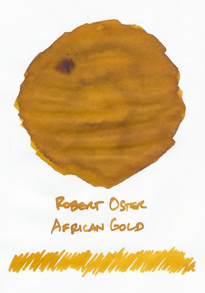 Fountain pen ink swatch of a golden yellow-brown ink, labeled "Robert Oster African Gold", with an additional squiggle underneath to show the ink in writing form, as opposed to a swatch