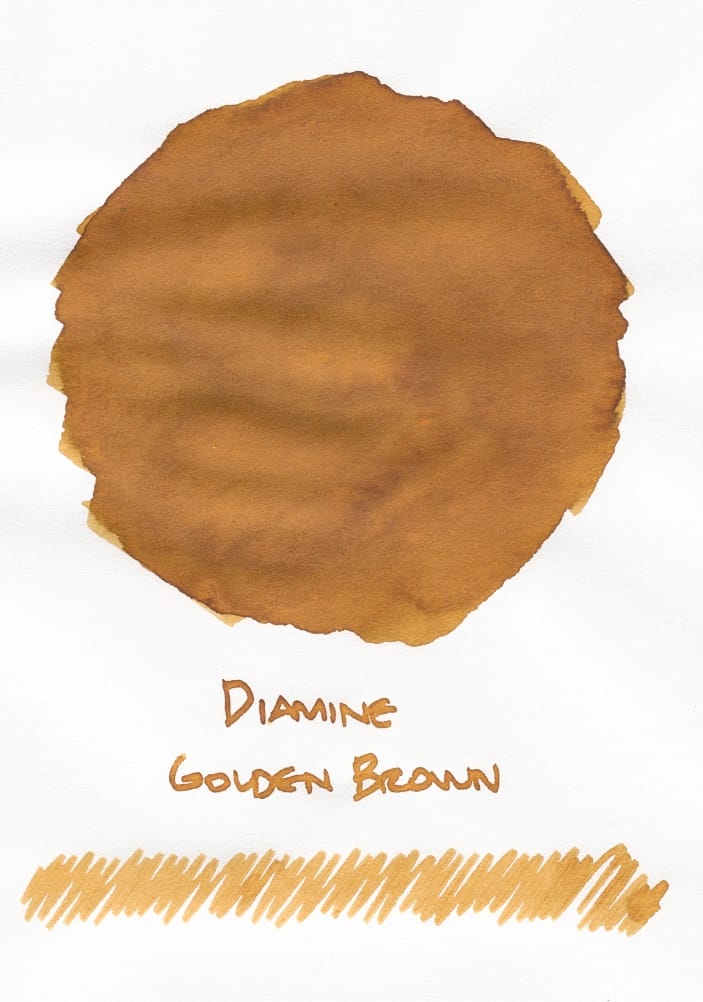 Fountain pen ink swatch of a golden brown ink, labeled "Diamine Golden Brown", with an additional squiggle underneath to show the ink in writing form, as opposed to a swatch