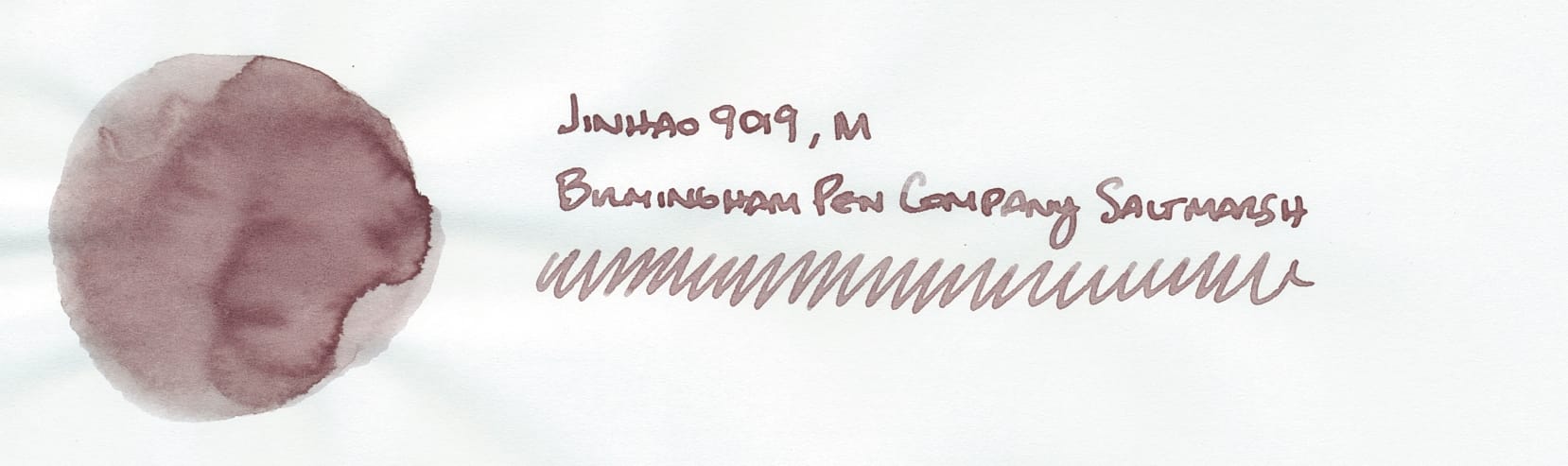 Circular fountain pen ink swatch on left, a grayish brown shade, labeled "Jinhao 9019, M; Birmingham Pen Company Saltmarsh" on right