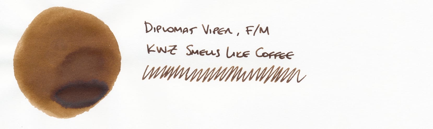 Circular fountain pen ink swatch on left, a medium-dark coffee brown, labeled "Diplomat Viper, F/M; KWZ Smells Like Coffee" on right