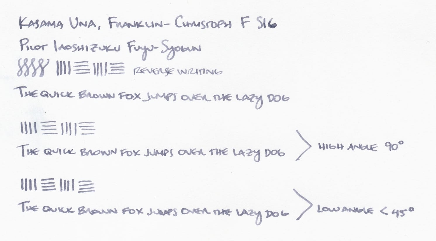 Writing sample using a F SIG nib, written in a cool gray ink, Pilot Iroshizuku Fuyu-Syogun. "The quick brown fox jumps over the lazy dog" written once at a high angle of 90 degrees, and again at a low angle below 45 degrees to show difference in line thickness.