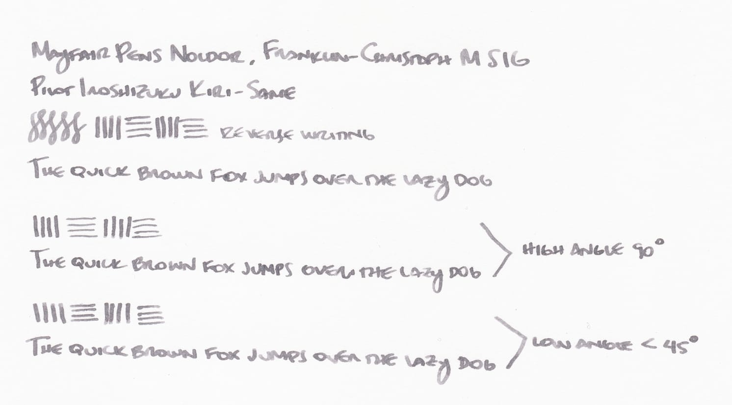 Writing sample using a M SIG nib, written in a warm gray ink, Pilot Iroshizuku Kiri-Same. "The quick brown fox jumps over the lazy dog" written once at a high angle of 90 degrees, and again at a low angle below 45 degrees to show difference in line thickness.