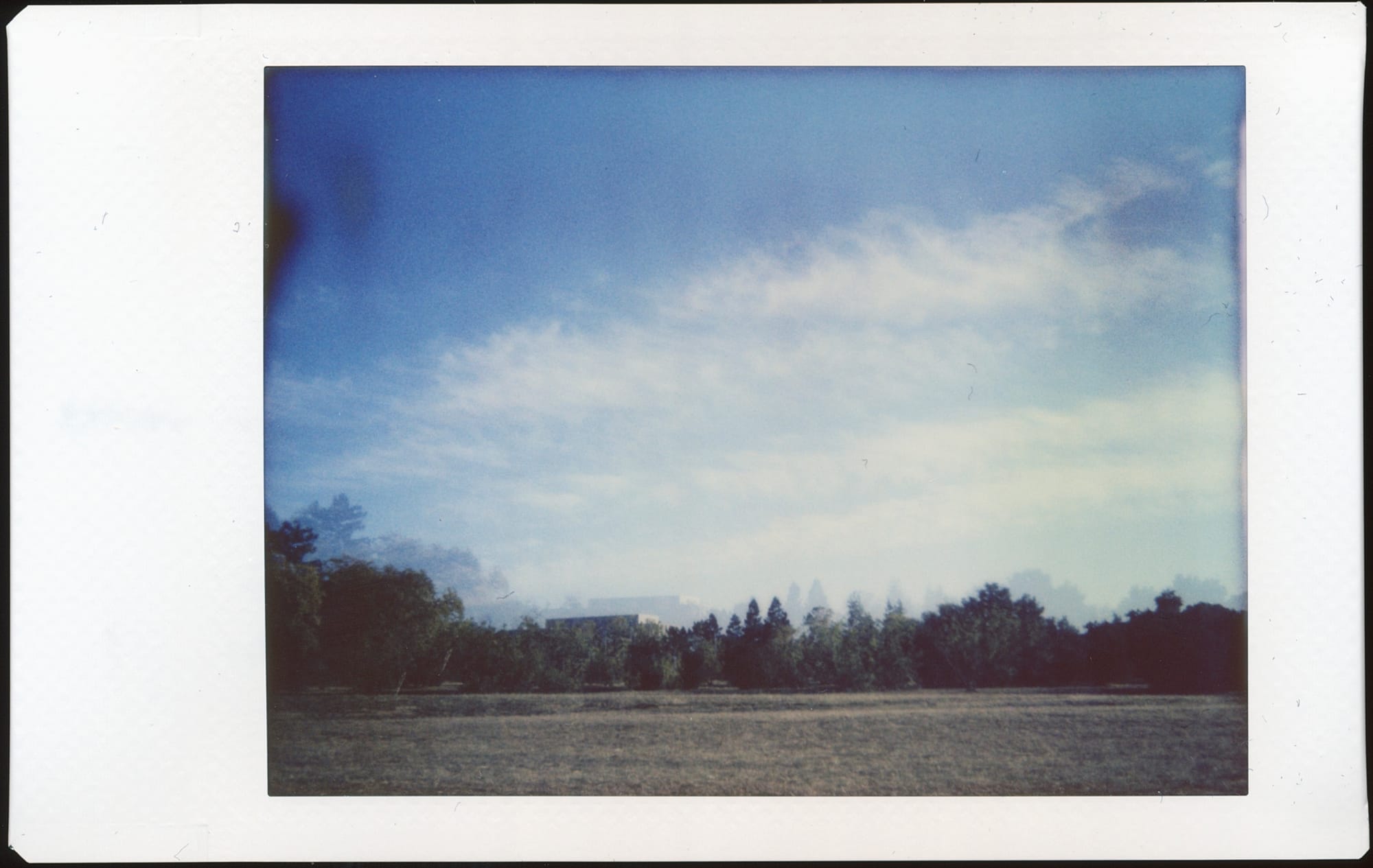 A double exposure of a partly cloudy, blue sky with a dark tree line and grass field below it along the horizon