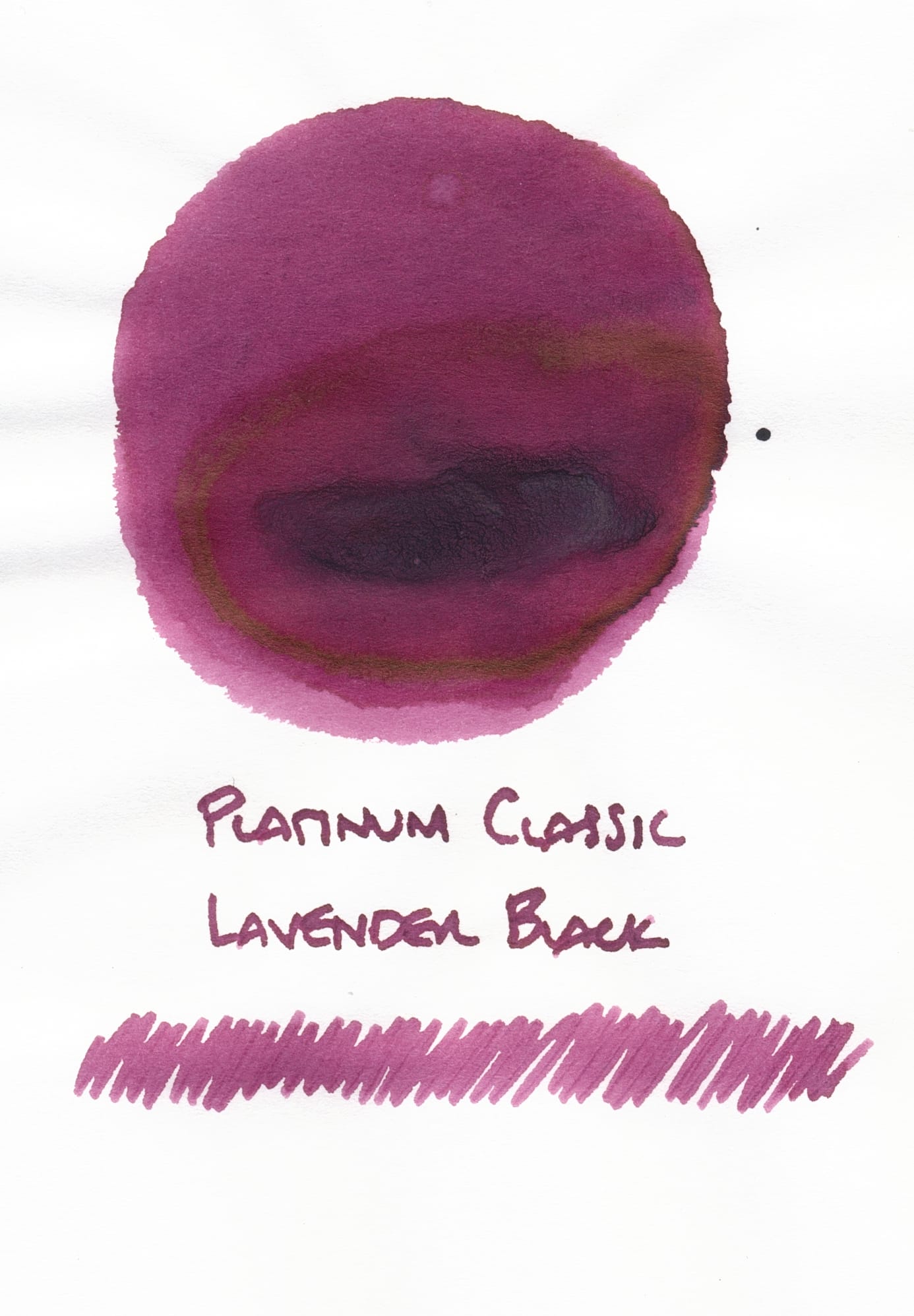 Swatch of a purple-rose ink labeled "Platinum Classic Lavender Black" underneath, with an extended scribble further under the text label