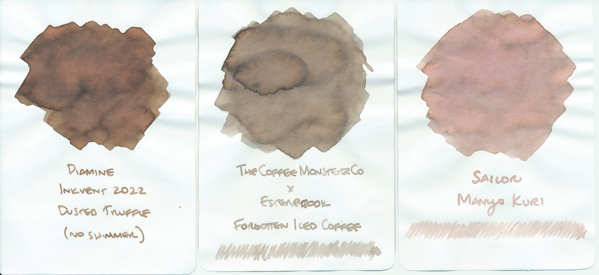 3 fountain pen ink swatch "cards" scanned side-by-side to show similarities to Colorverse White Sands ink