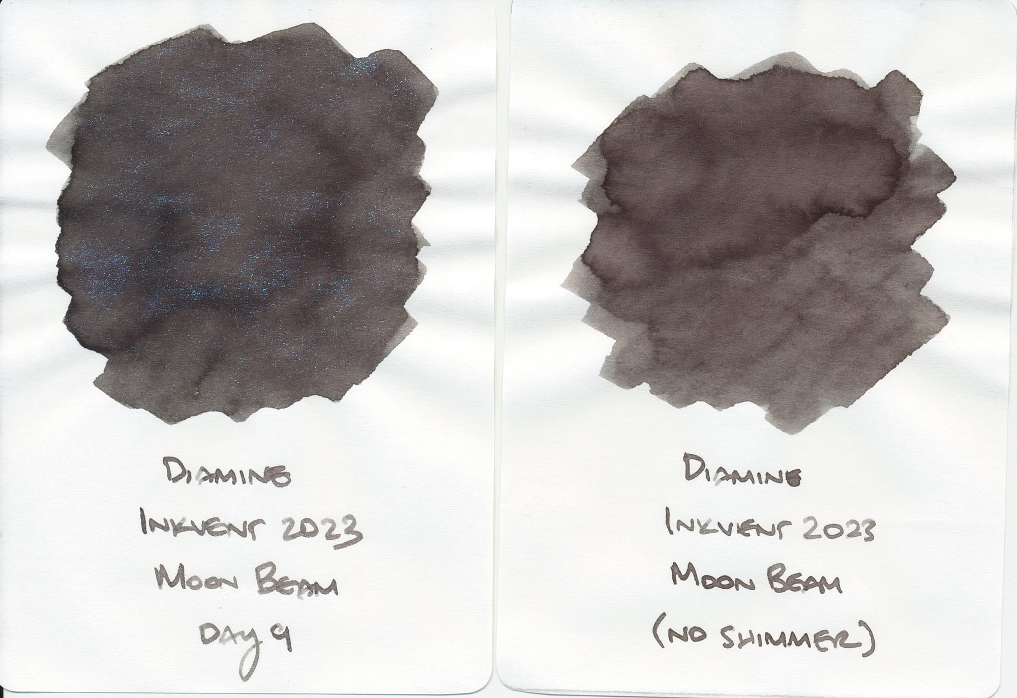 2 fountain pen ink swatches scanned side-by-side, one swatch a dark gray with green shimmer, the other is only the dark gray base color without shimmer