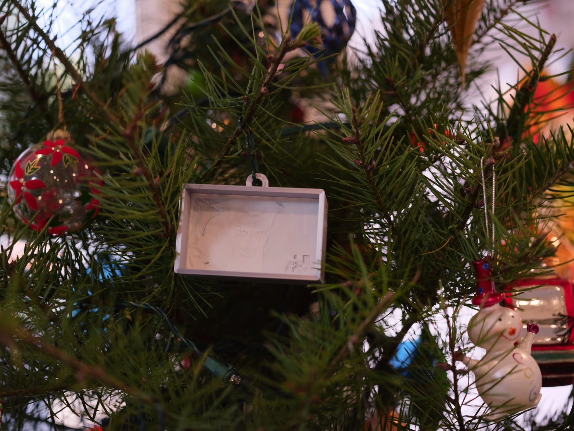 Close up of a Christmas tree with various regular ornaments surrounding a silver box ornament containing a white "plaque" with visible contouring, a person's face discernible in the center