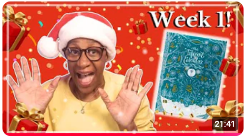 YouTube thumbnail showing the channel host wearing a Santa hat, their hands up and an excited look on their face, and the Diamine Inkvent calendar box on the right, with a label "Week 1!" above
